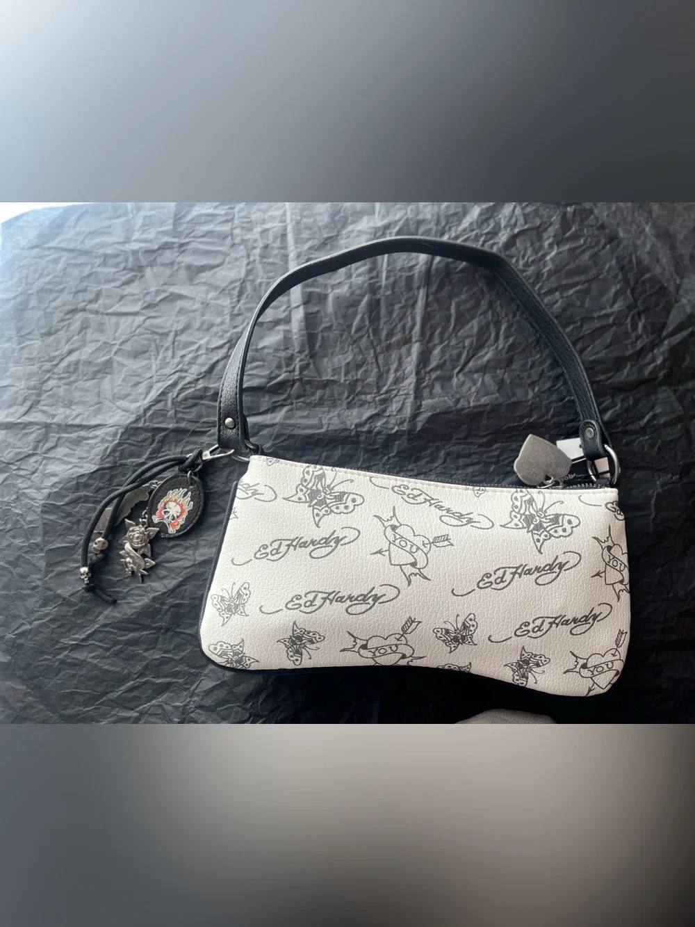 Ed Hardy White Floral Love Kills Tattoo-Print Shoulder Bag w/ Black Handle NWT